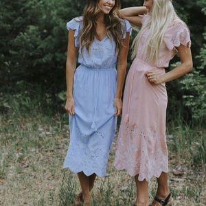 Blue flutter sleeve Dress with white embroidery